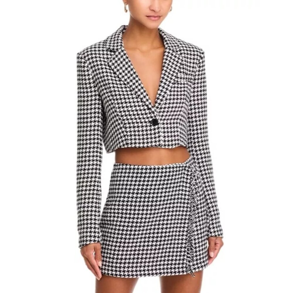 Steve Madden Womens Houndstooth Cropped Blazer Jacket Long Sleeve Black & White